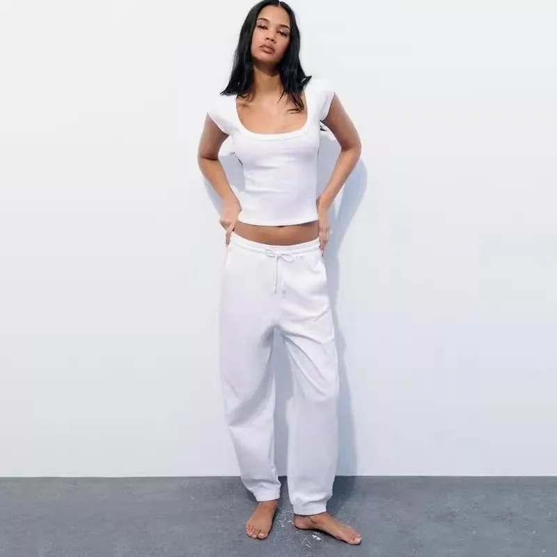 

New Summer 2024 Women's Running Pants round Ne Ribbed ort Sve T-irt Casual Sle Comfortable Fit Faionable
