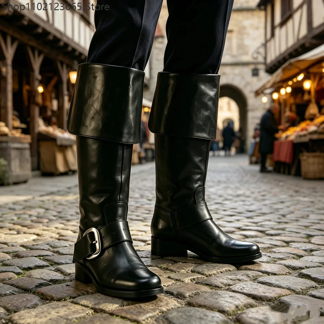 Pirate Cosplay Boots Men Over Knee Buckle Tall Boots Vintage Renaissance Captain Shoes Halloween Carnival Party Costume Footwear