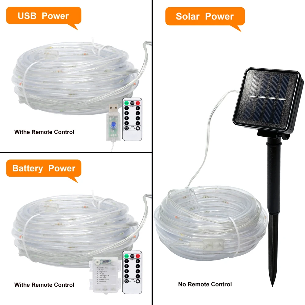 360 Round 7M 12M 22M 32M LED Tube String Light Solar/USB/Battery Powered 5V DC Waterproof Rope Lamp Garden Outdoor Decoration