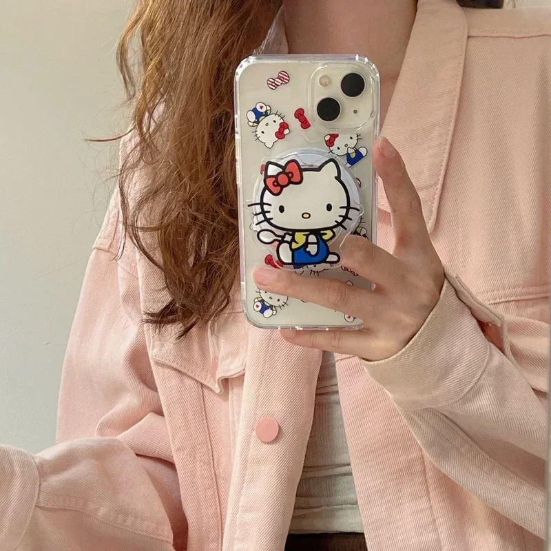 Lindo Sanrio Hello Kitty soporte magnético Magsafe carga inalámbrica funda de teléfono para iPhone 16 Pro 15 14 13 12 11 Pro Max cubierta dura