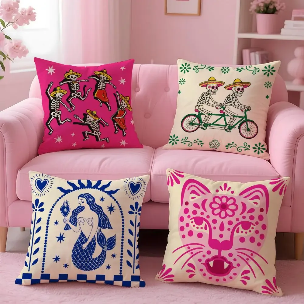 Fun Skeleton Pirate Couple Bicycle Print Throw Pillow Covers for Boho Halloween Home Decor18x18 inch