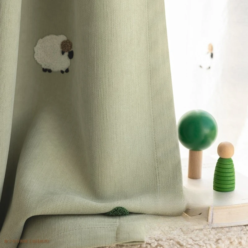 Neue Chenille-Verdunkelungsvorhänge mit Lammstickerei für Kinderzimmer, Wohnzimmer, Esszimmer und Schlafzimmer in Matcha-Grün, Maßanfertigung