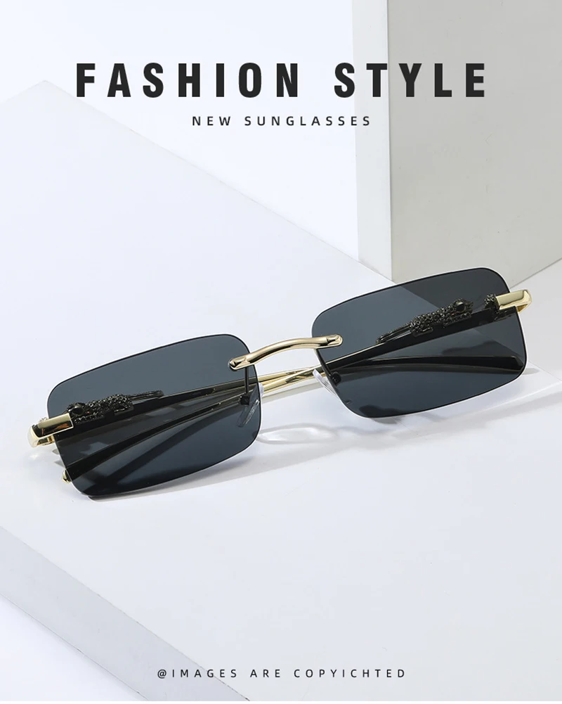 Klassische randlose Sonnenbrille für Herren und Damen, modisch, Leoparden-Dekoration, kleine Sonnenbrille, stilvoll, rahmenlos, zum Fahren, Reisen – Detail 3