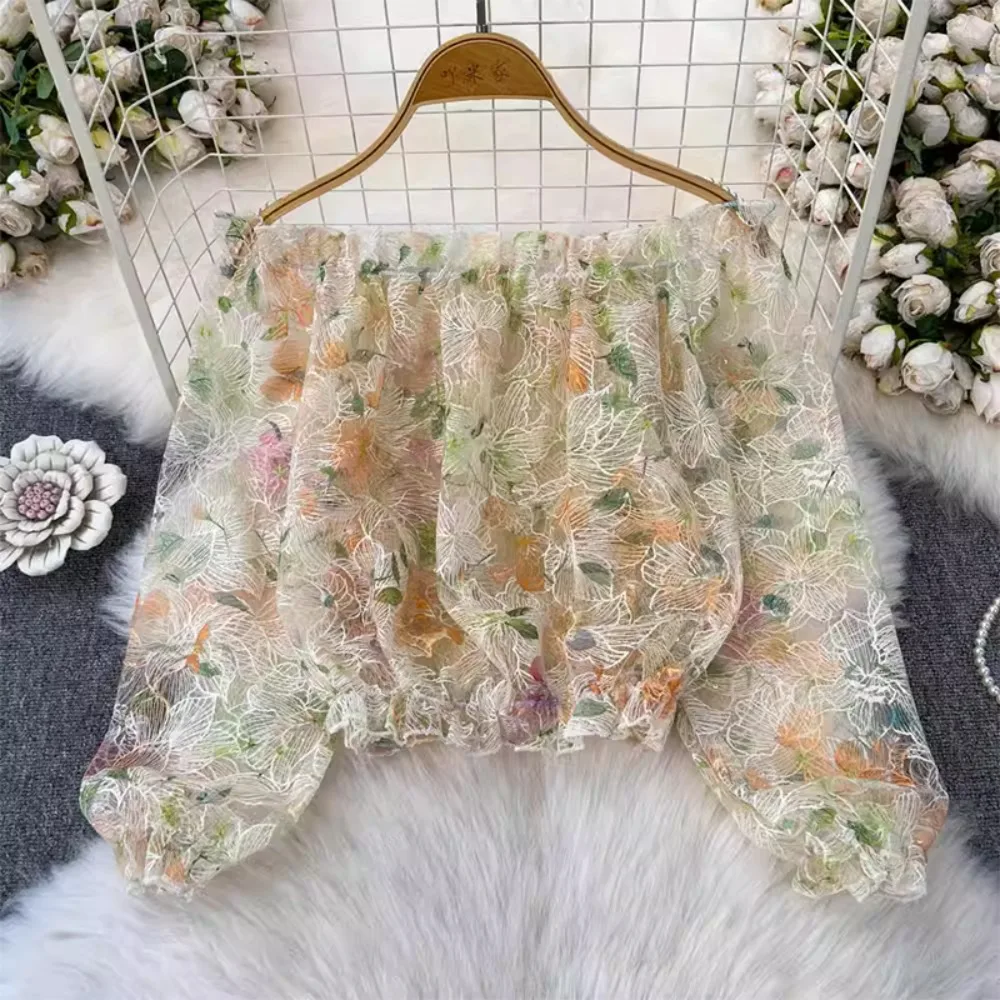 

Женские летние повседневные сетчатые рубашки с цветочным принтом и длинным рукавом, женские повседневные топы, оптовая продажа женской одежды