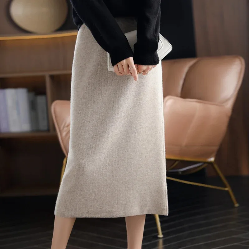 2021 outono inverno novo 100% lã pura malha saia longa feminina casual grosso coreano pacote de cintura alta hip cashmere selvagem a linha saia