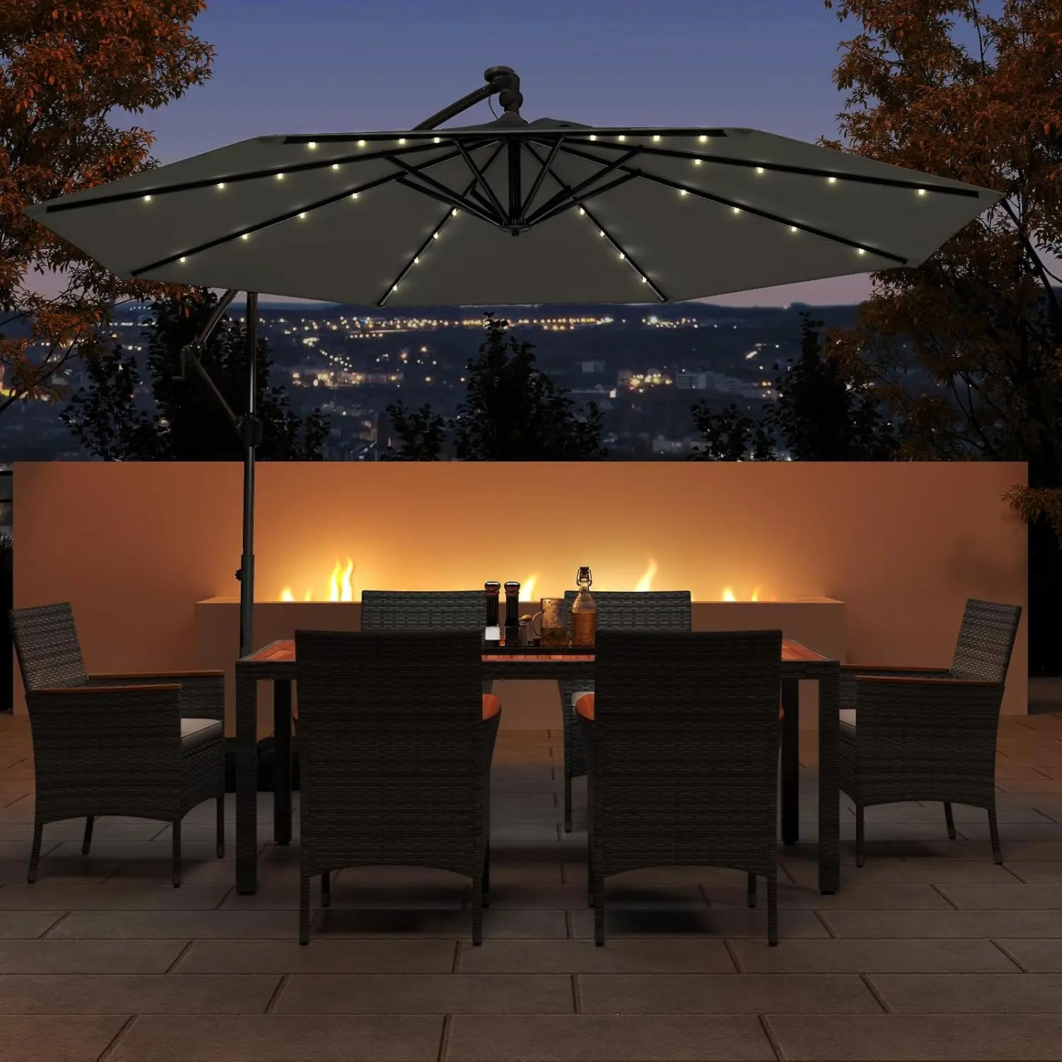 Offset Cantilever 10ft Solar Patio Umbrella Infinite Tilt Outdoor Umbrella With Base Included For Garden Backyard