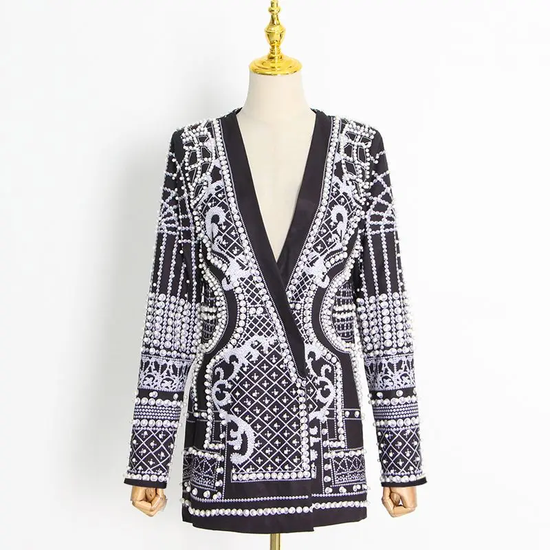 2024 Autumn New Women Coat Retro Pearl Printed Suit Year's Robe V-neck Long Sleeved Mid Length Jacket