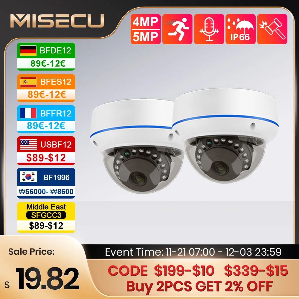 MISECU HD 5MP 4MP H.265 Surveillance IP POE Camera Microphone Dome Indoor Motion Detect Security Home Camera Metal Email Push