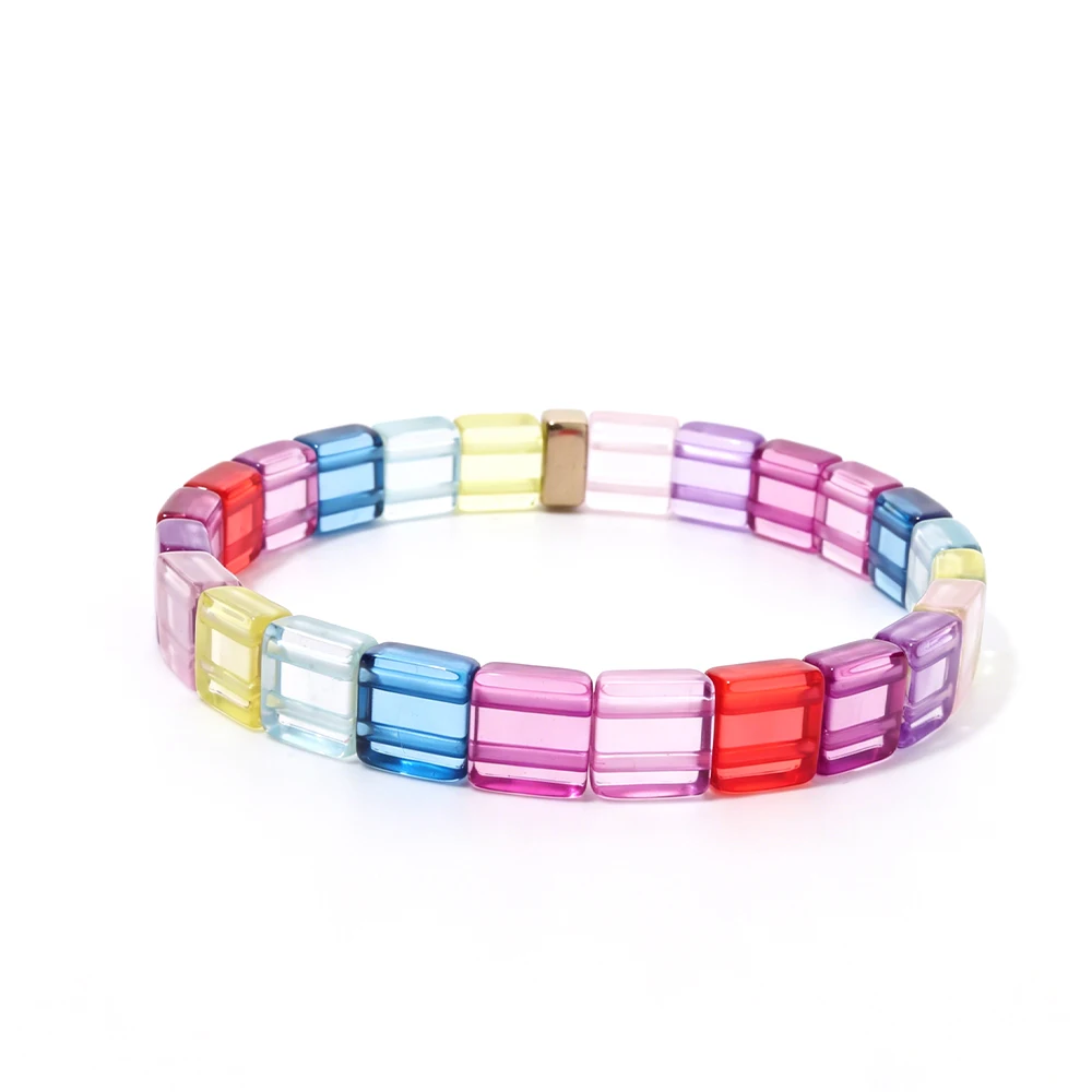 Summer Colorful Rainbow Square Bead Elastic Bracelet Set Transparent Resin Tile Charm Bracelet Women Fashion Jewelry