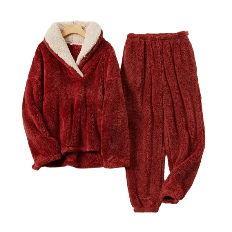 Winter Women's Fleece Pajama Set Solid Turn Down Collar Ladies Warm Sleepwear With Pant Flannel Solid Long Sleeve Pijama Female