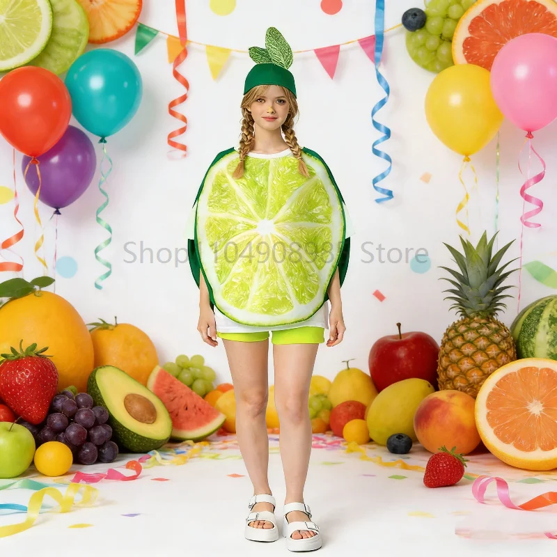 

Adult Green Lemon Cosplay Tunic With Hat Fruit Theme Party Stage Performance Fancy Dress Up Lime Slice Carnival Unisex Costume