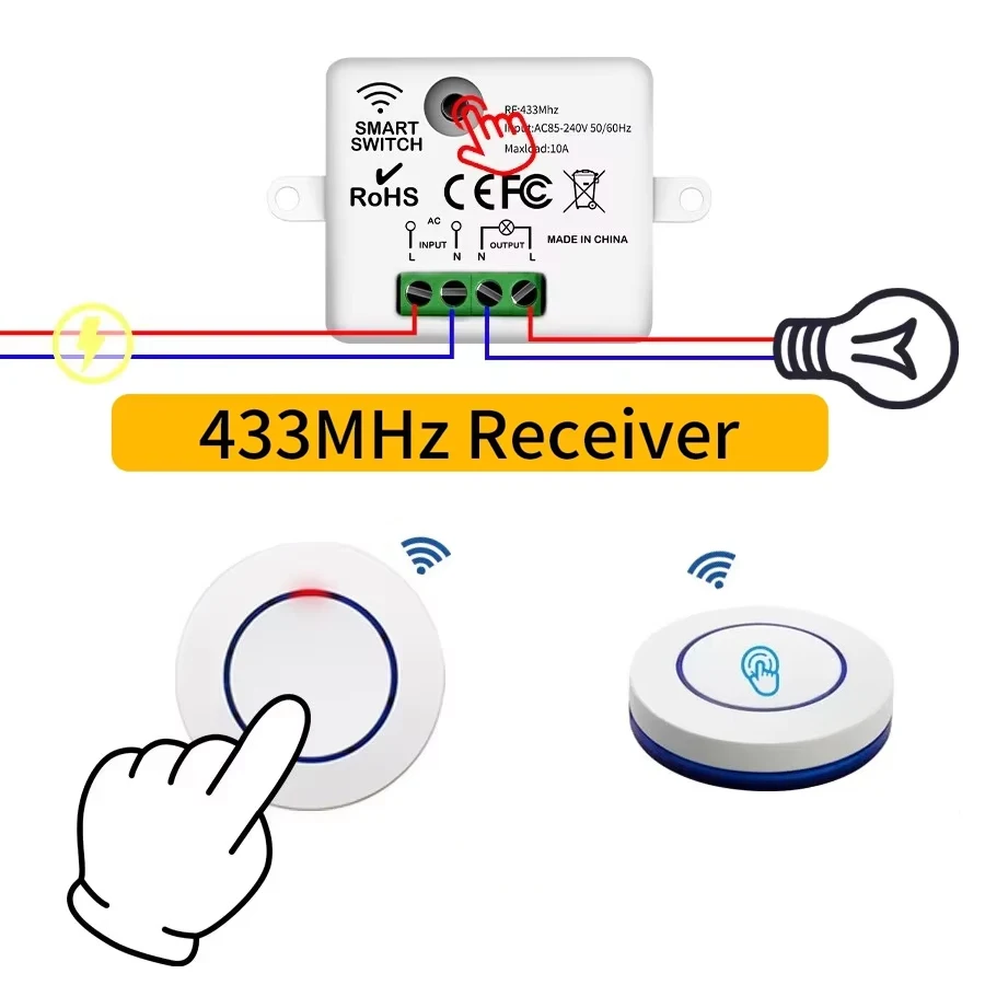 RF 433MHz Wireless 10A Relay Receiver Remote Control Light Switch 220V 110V Mini Round Button Wall Panel Switch For LED Lamp