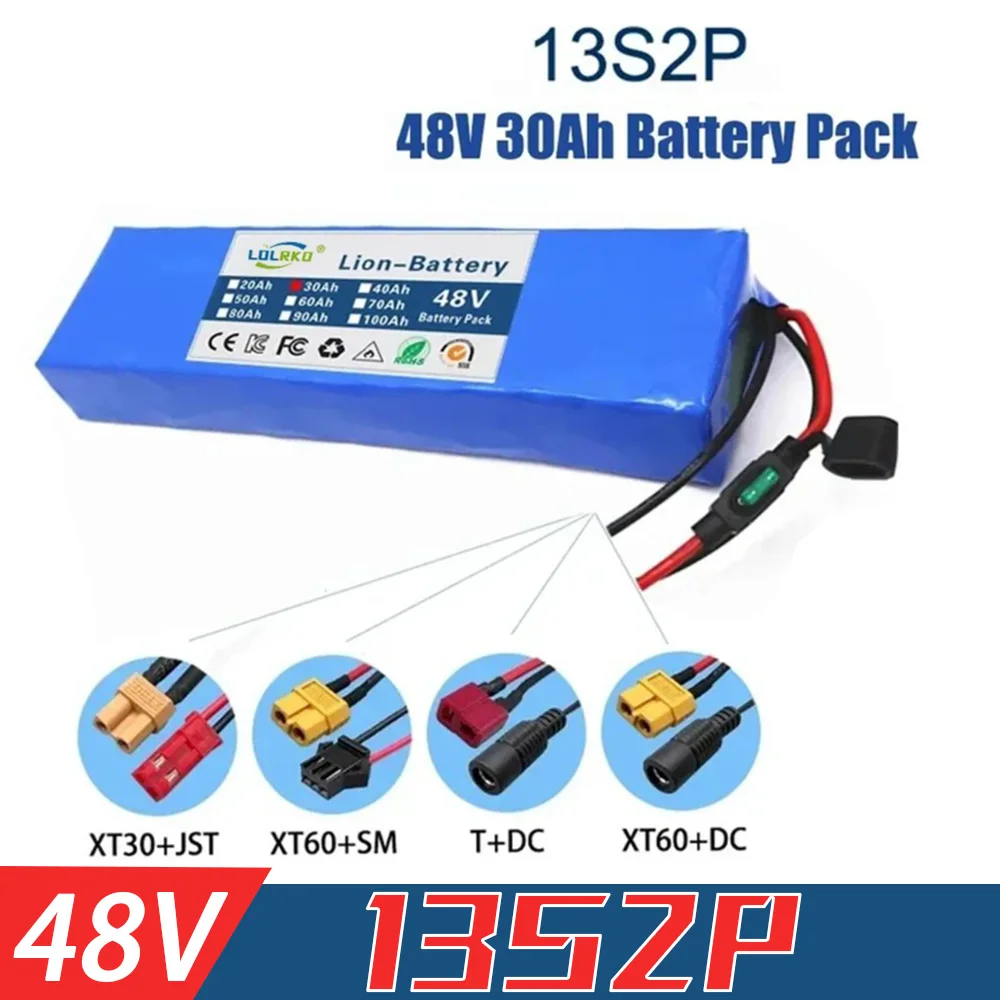 

48V 30Ah 18650 Lithium Battery Pack 13S2P 1000W High Power Battery 54.6V 30000mAh BMS + Fuse