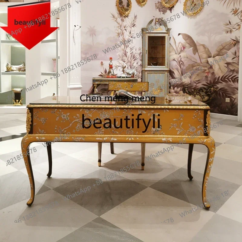 B32 French bedroom beech computer desk export golden yellow hand-painted book desk and chairs