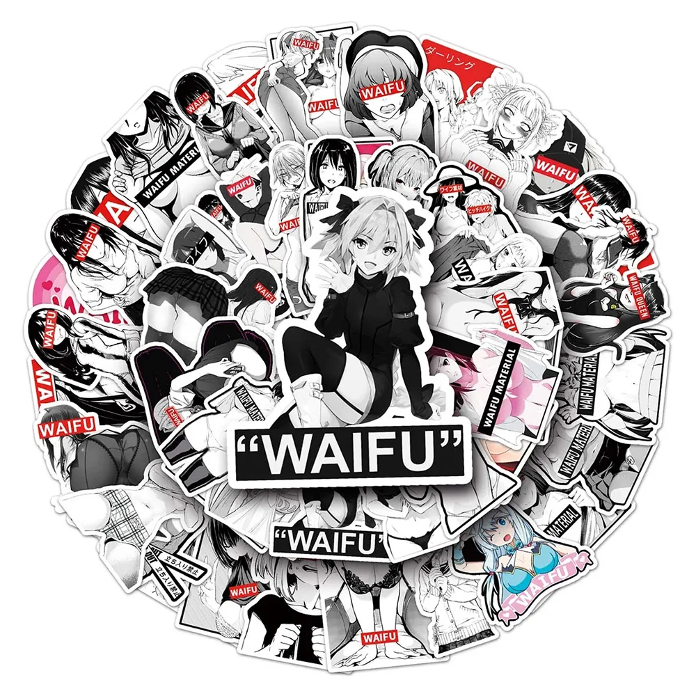 10/30/50PCS Waifu Black And White Sexy Girl Hentai Bikini Sticker For Otaku Adult Phone Laptop Ipad Pvc Waterproof Sticker Packs