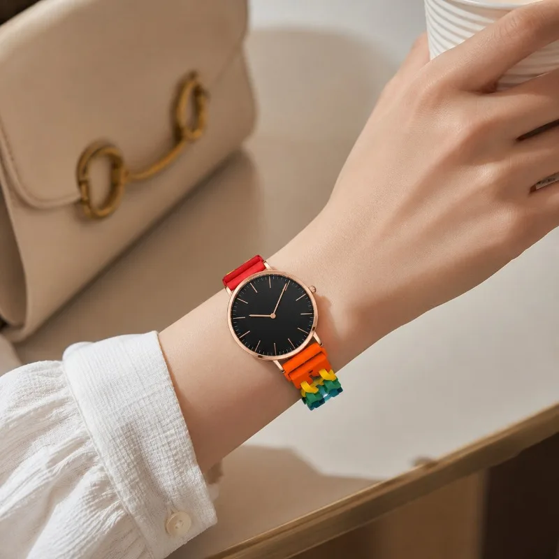 Trendy Ladies Wristwatch Thin Rose Gold Case Rainbow Hollow Chain Bracelet Watches for Women Elegant Dress Woman Quartz Clock