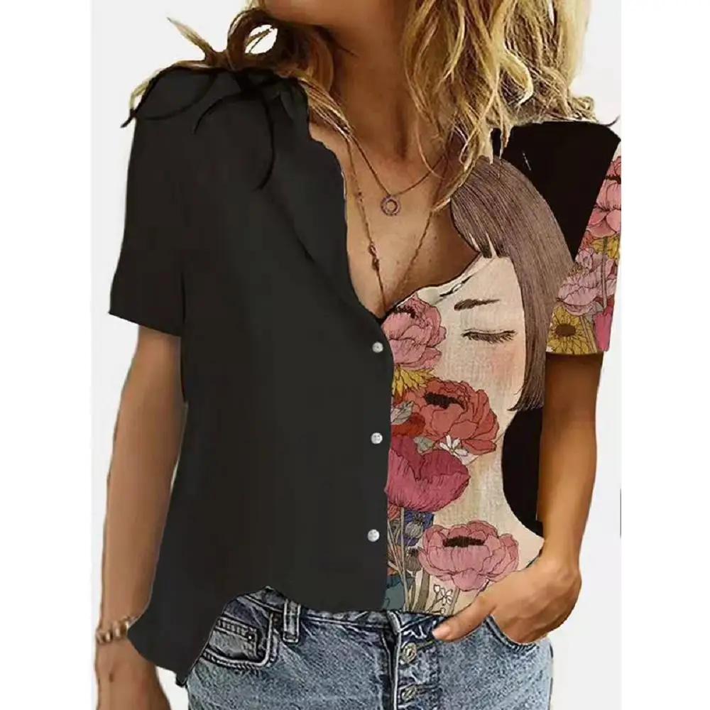

Women's ort Sve Printed irt Polyester Fiber Casual Faion Spring Collection Turn-down Collar Regular Sve Fit