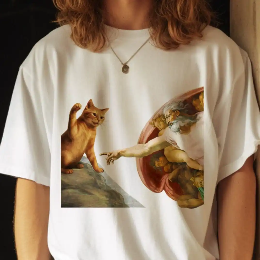 The Creation of Cat T-Shirt , Funny Art Parody Tee ,Renaissance Cat Meme Shirt