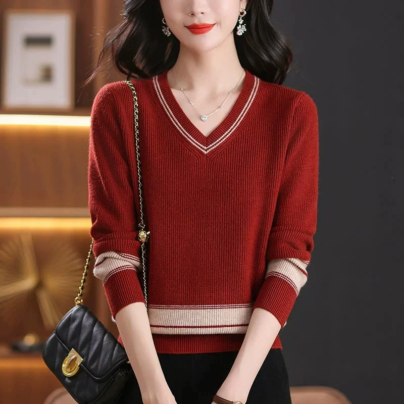 春秋 V ネックセーター女性の新しいショートプルオーバールーズセーターカジュアルオールマッチ長袖ボトリングシャツ女性