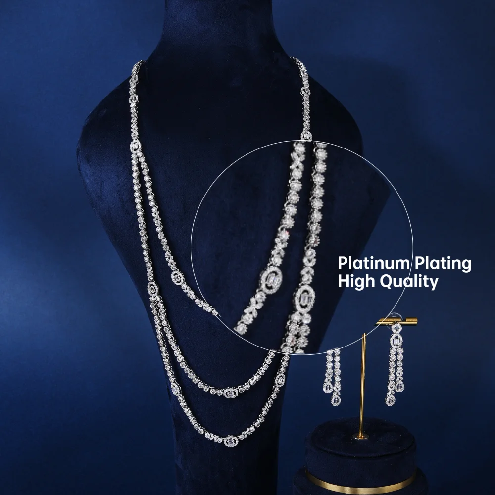 BLUE COAST Three Layers Luxury Indian Jewelry Sets For Women Engagement Party Cubic Zircon Crystal Dubai Bridal Long Necklace