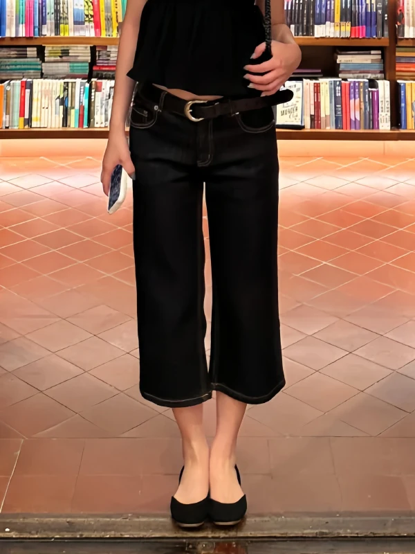 Retro American Black Bell Bottom Jeans Women Summer Spicy Tight Straight Leg Denim mid Length Shorts Low Waist Jeans