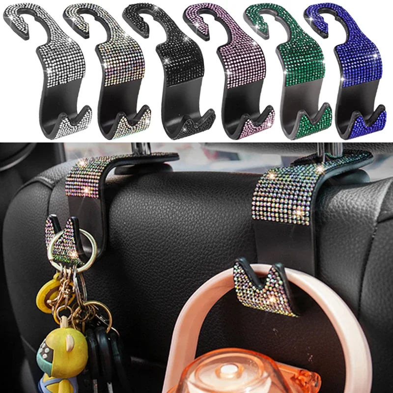 1/2Pcs New Bling Diamond Rhinestone Car Seat Back Hook Hanger Auto Back Headrest Mount Storage Holder Car Accessories Interior