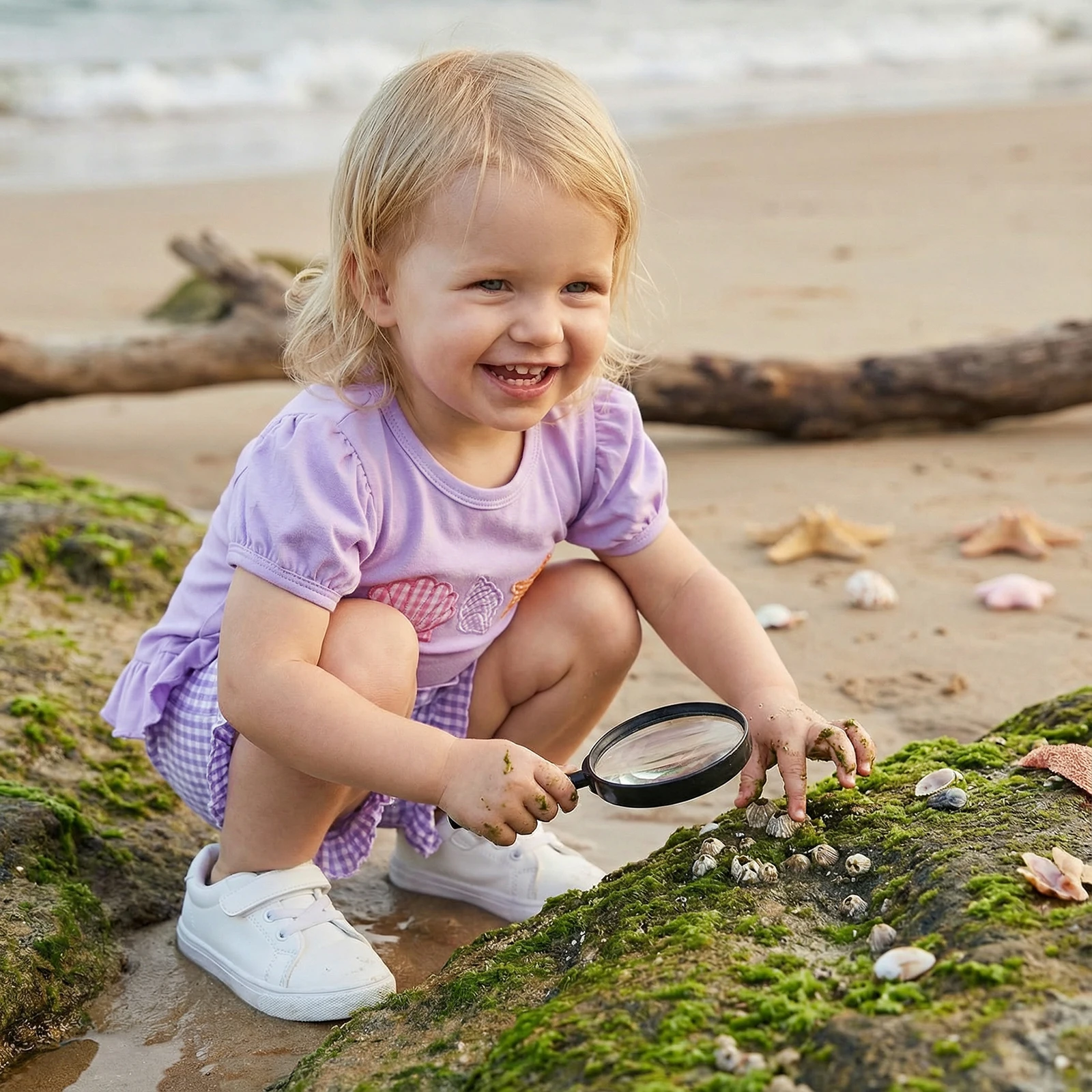

Toddler Baby Girl Summer Outfit Starfish Conch Seashell Embroidered Short Sleeve Tops and Plaid Shorts 2 Pcs Set