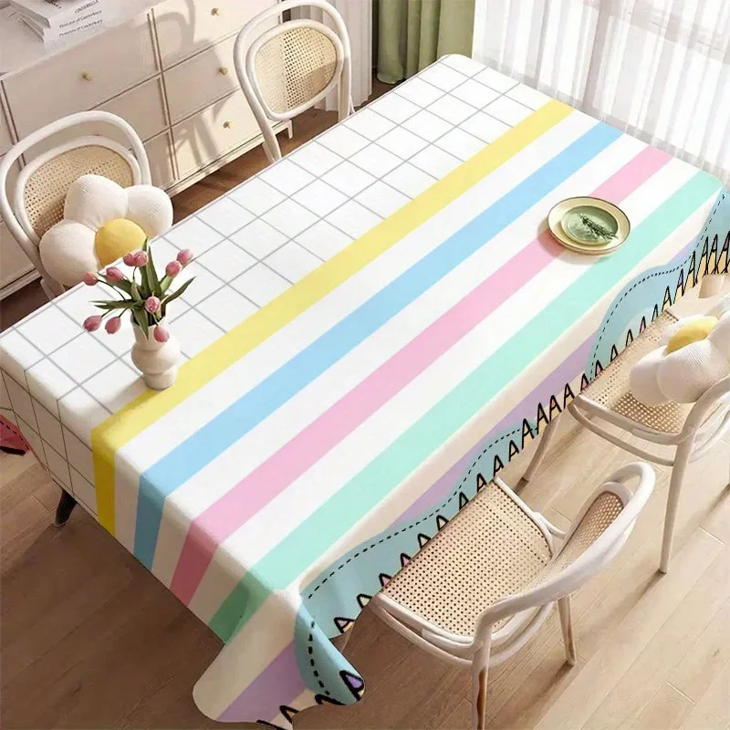 1pc soft, fashionable, beautiful and colorful pencil and line pattern tablecloth, machine washable and easy to cleanxzj