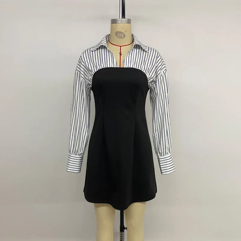 Benuynffy 黒と白のストライプ柄シャツワンピース レディース 2025年秋新作 長袖 エレガント オフィスレディー Aライン ショートワンピース