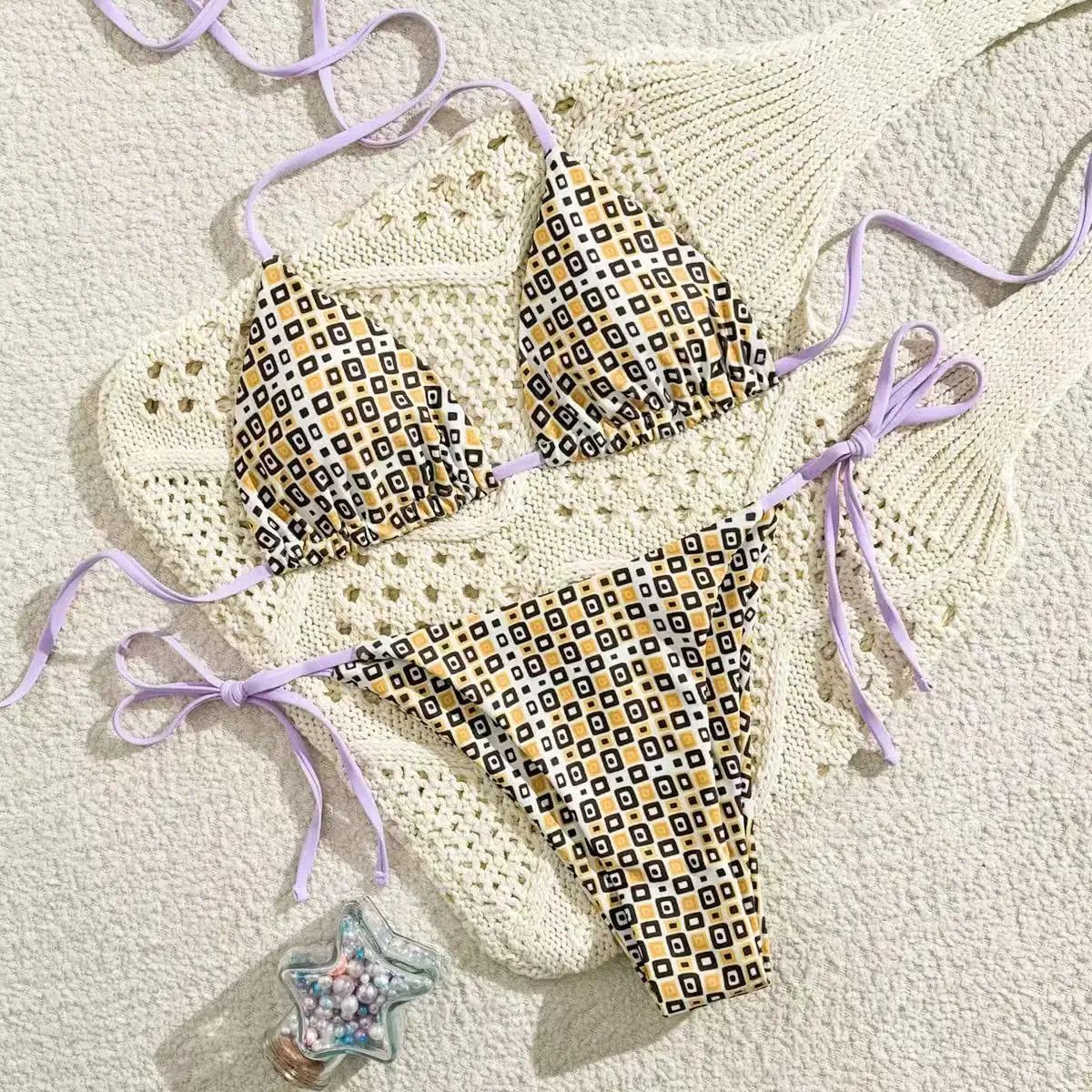 

Sexy Bikini Set Print Halter Swimsuit 2025 Backless Push Up Micro Bikinis Summer Bathing Suit Tie Side Triangle Swimwear