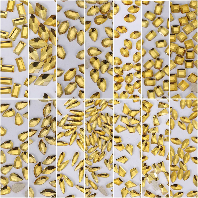 100/500pcs Golden Yellow Boutique Flat bottom nail art rhinestones Glass crystal 3D nail decoration Multiple shapes wholesale