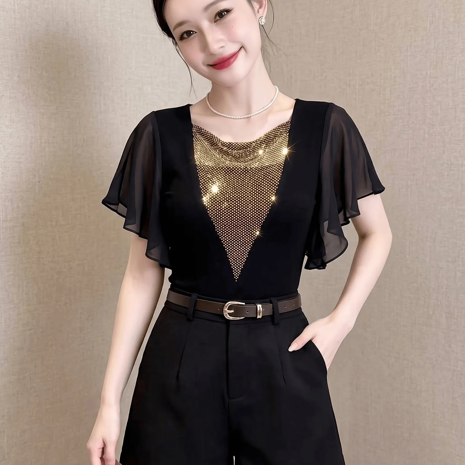 Slimming Effect Summer New Women's Fashion T-shirt Bell Sleeve Patchwork Design round Neck Short Sleeve Elegant Style Top