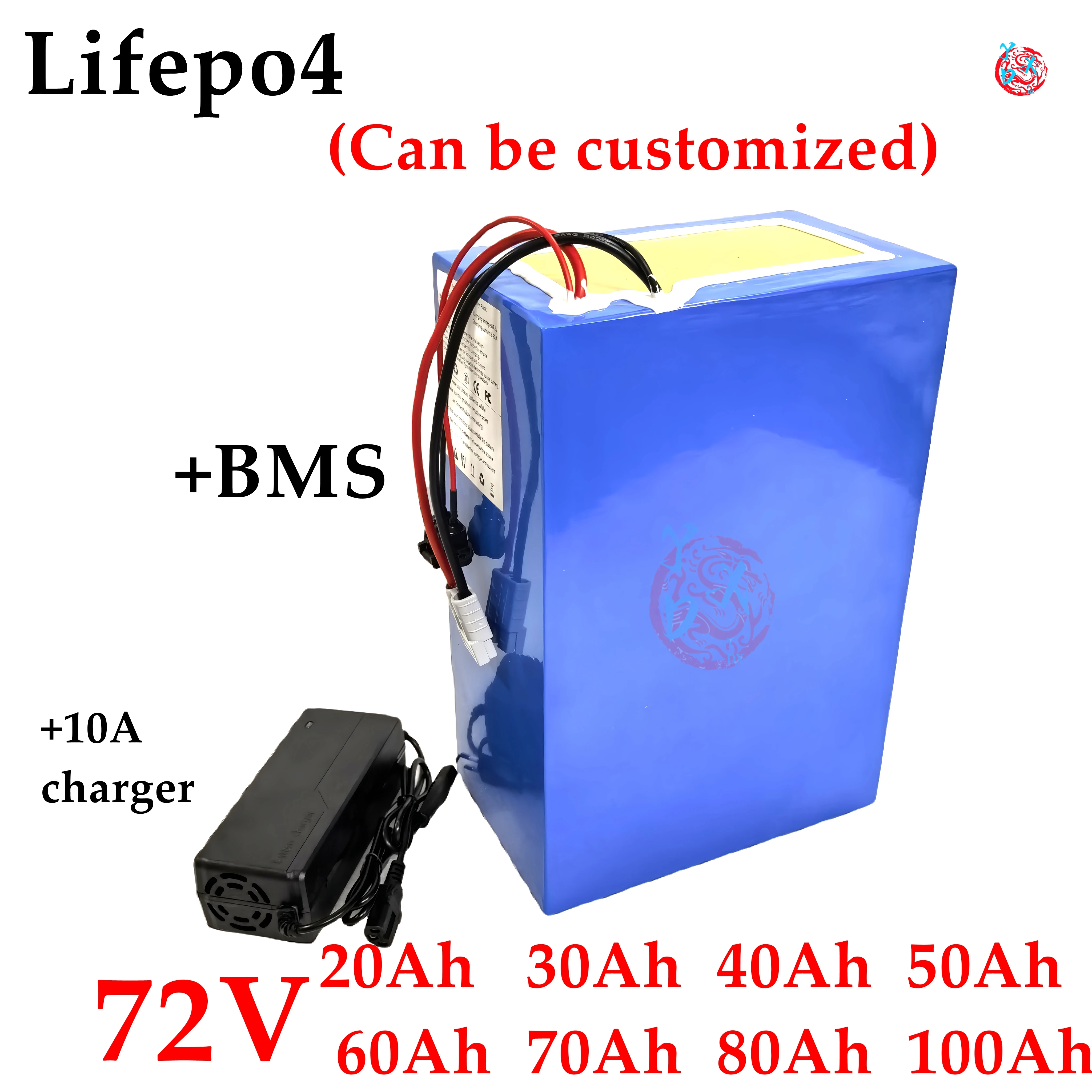 Batterie au lithium LiFePO4 avec chargeur, 72V, 50Ah, 60Ah, 40Ah, 80Ah, 100Ah, BMS pour scooter, vélo électrique, moto, 3000W