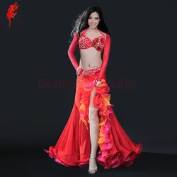 Ropa de danza del vientre de lujo para mujer, traje de danza del vientre, sujetador, hombro, cinturón, falda, 4 piezas, traje de actuación S, M, L