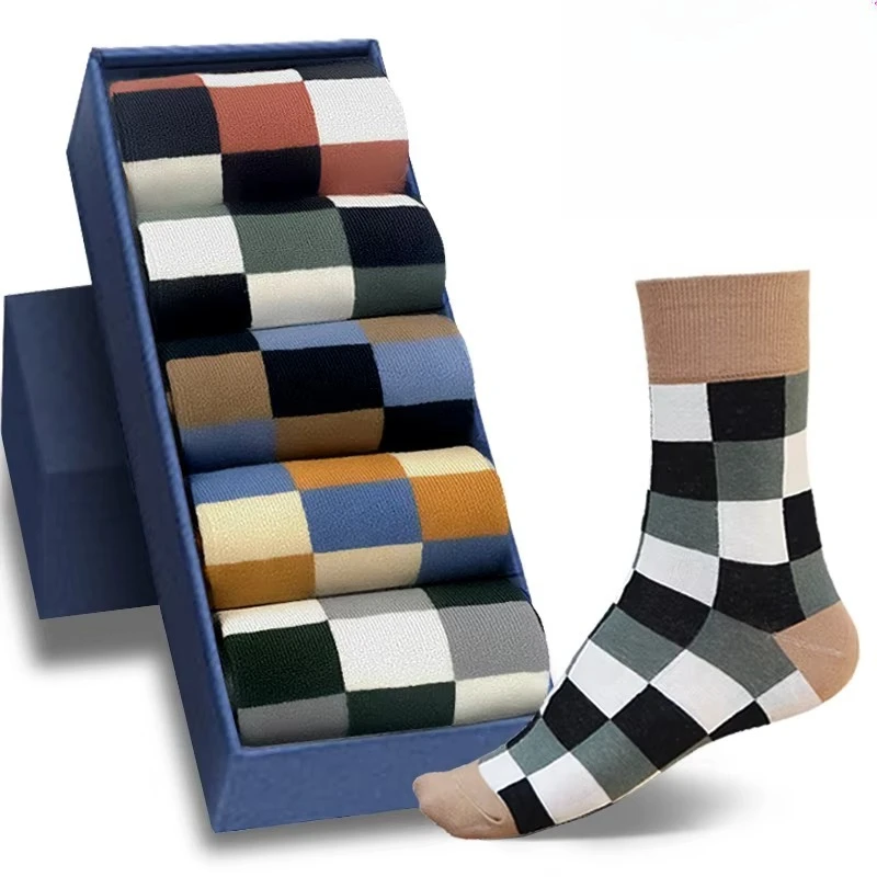 5/10 Pair-pack New Men's Socks Colorful Grid Sock Casual Business High Quality Combed Cotton Socks Fashion Gentleman Socks Men