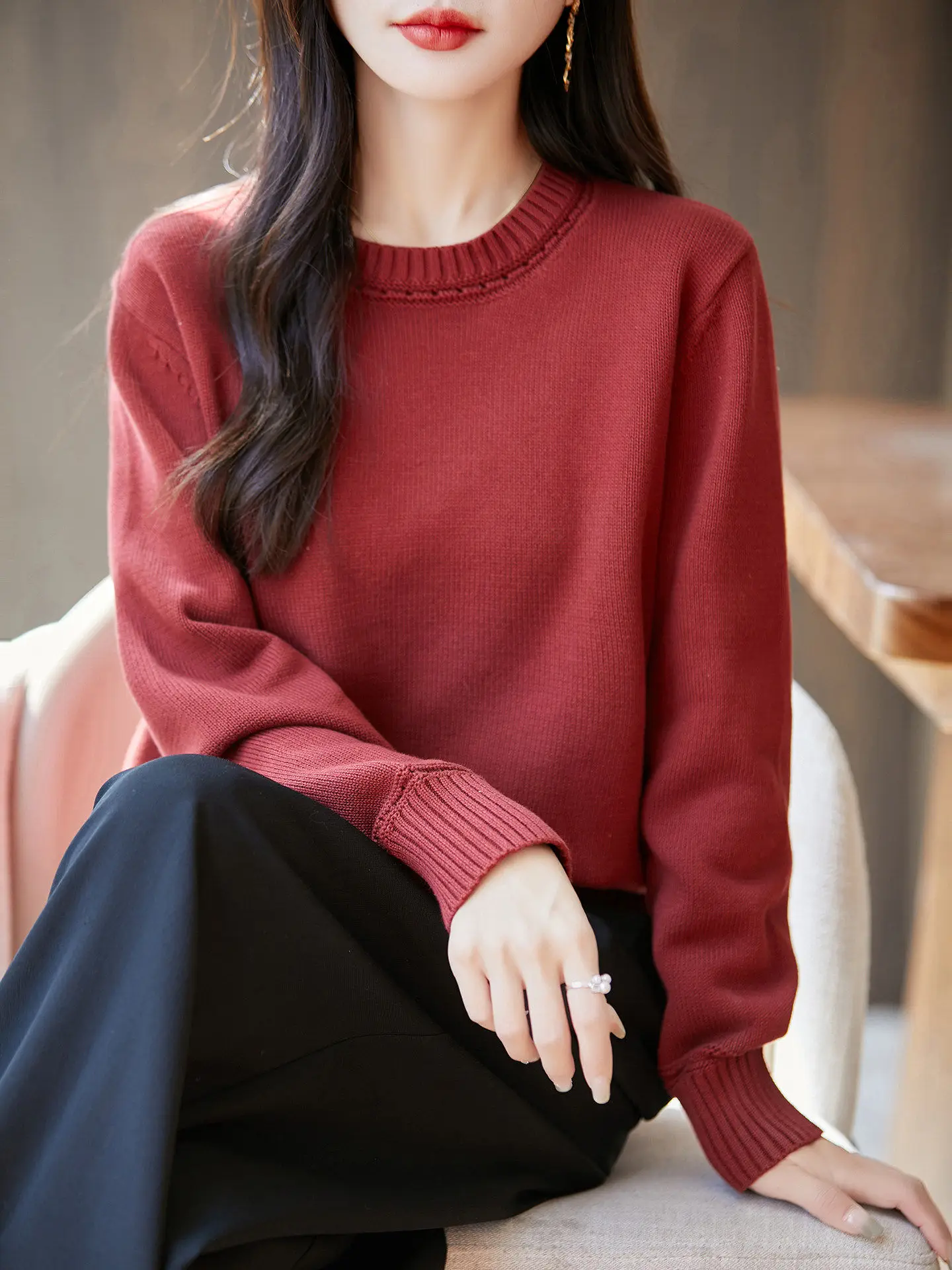 

Basic Versatile 00% Pure Cotton round Ne Sweater Women's Autumn Winter Inner Faionable Casual Knitted Base irt