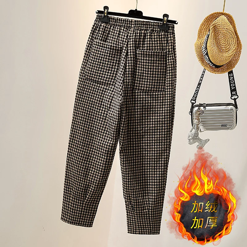 Pantalon à jambes larges en coton et lin, isolation épaisse et grille en coton, pantalon Haren, mode et décontracté, hiver, nouveau pour femmes