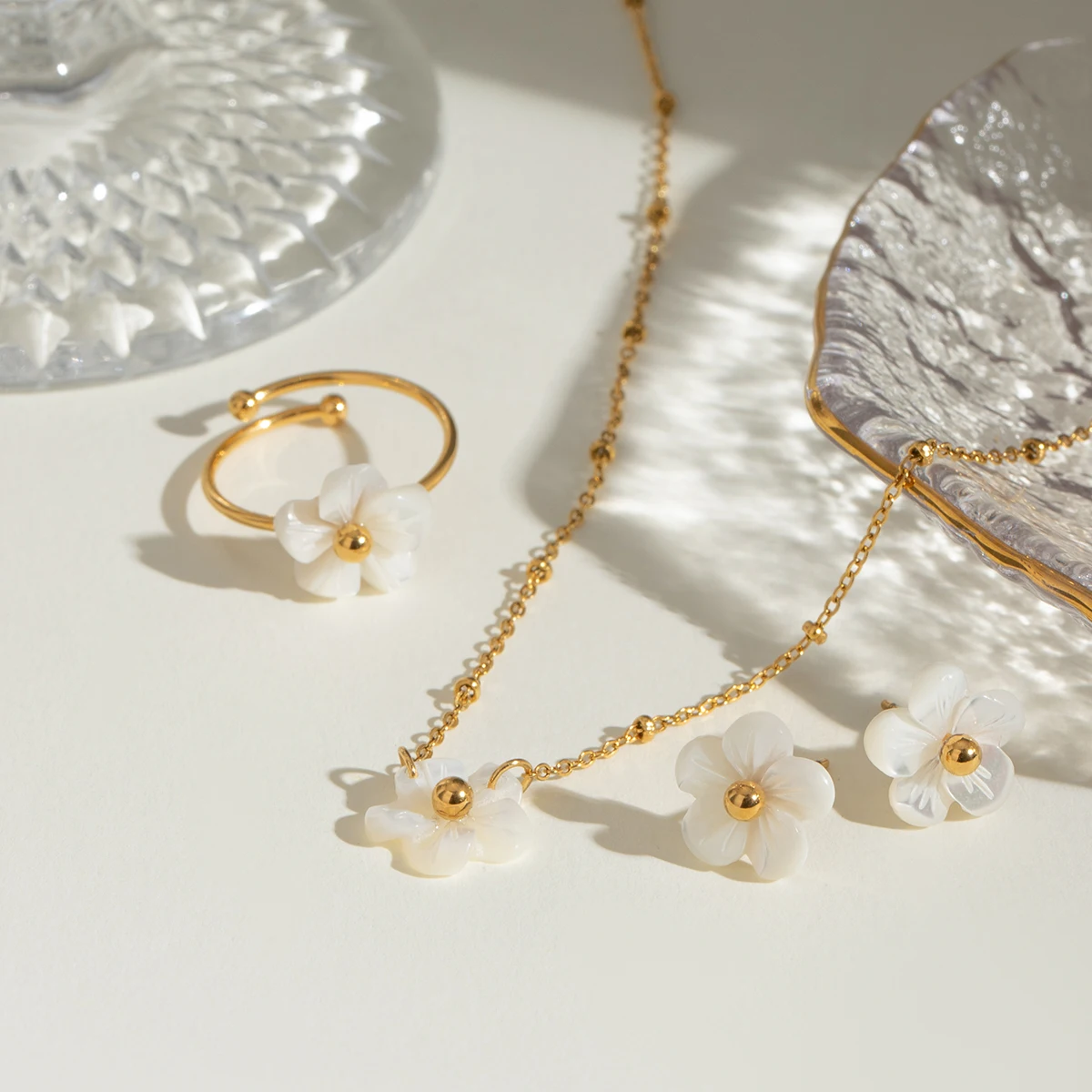 18K Gold Plated Stainless Steel Flower Open Ring & Necklace Set