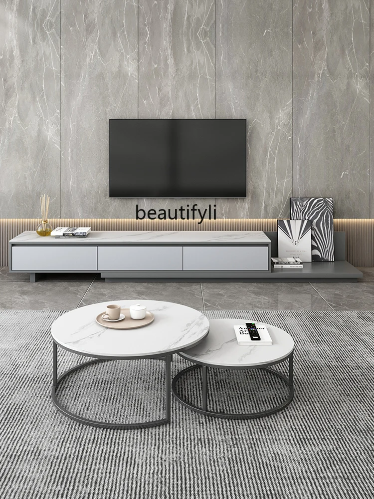 

Modern Minimalist Stone Plate Coffee Table TV Cabinet Combination Light Luxury Living Room Floor Retractable Floor Cabinet