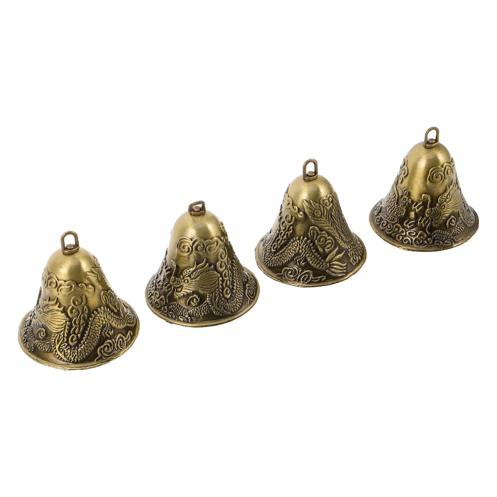 

4pcs Vintage Bronze Bell Decorations Rustic Christmas Hanging Bells Dragon Phoenix Design Alloy Craft Pendants For Tree