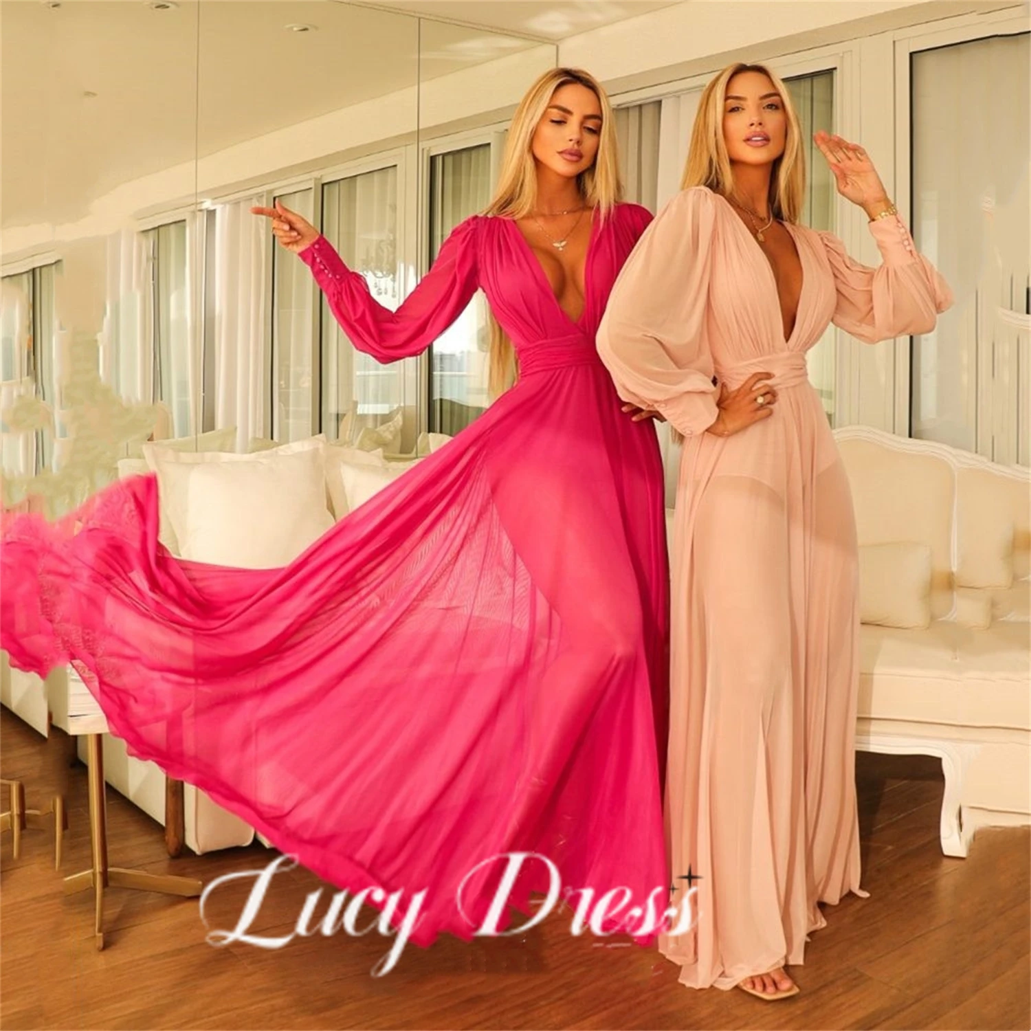 

Long Sleeves V-neck Prom Dress Comfy Chiffon Party Dresses Tulle Prom Dresses 2023 Luxury Gowns Grace Maxi Robes De Soirée