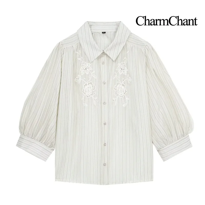 CHARMCHANT Women's Striped Puff Sleeve Shirt Turn Down Collar Blouse Floral Embroidery Button Down Top Daily Casual 2026 Spring