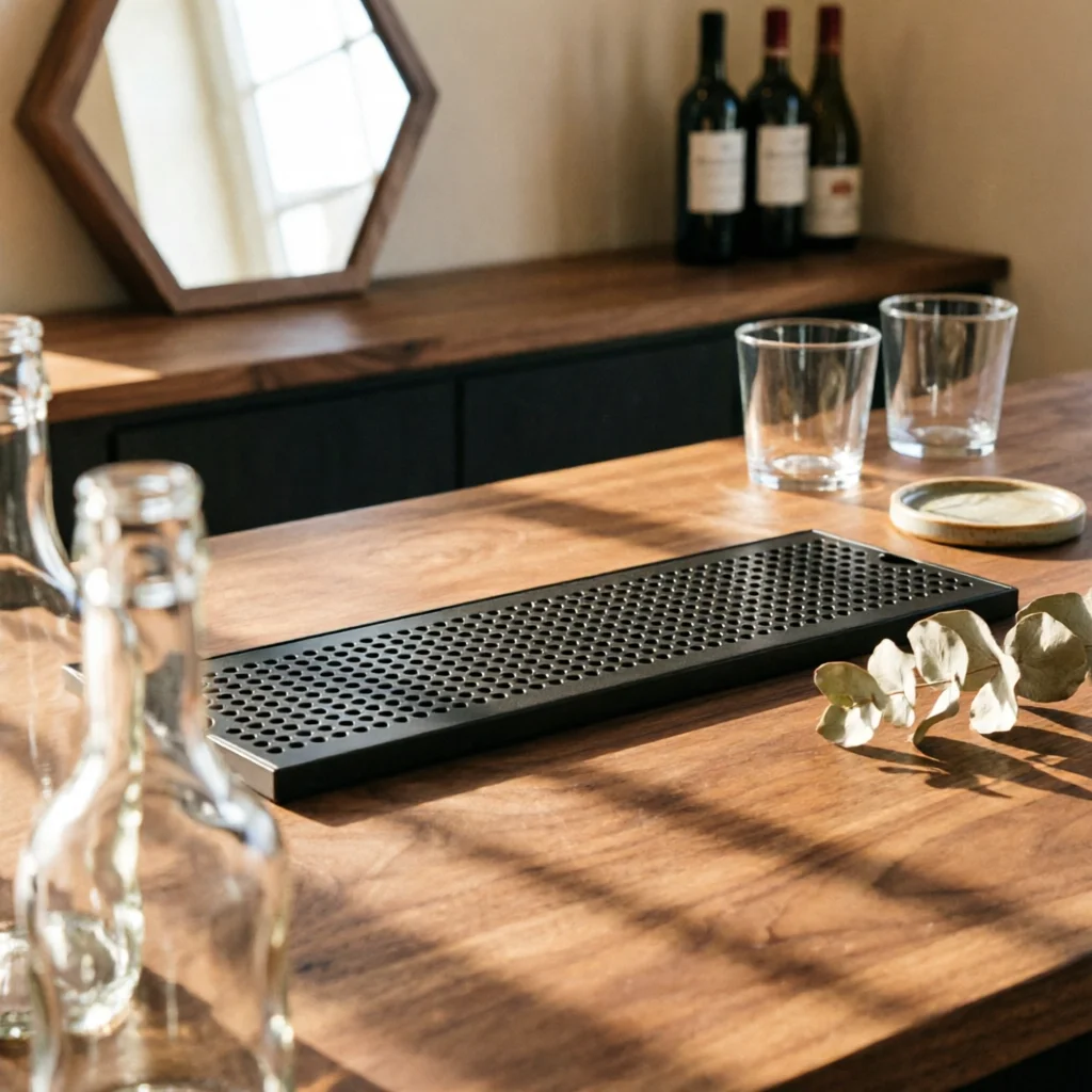 Low-profile Tropfblech Drip Tray with Screen Flach Design Stainless Steel Tray for Modern Cafe Beverage Stations