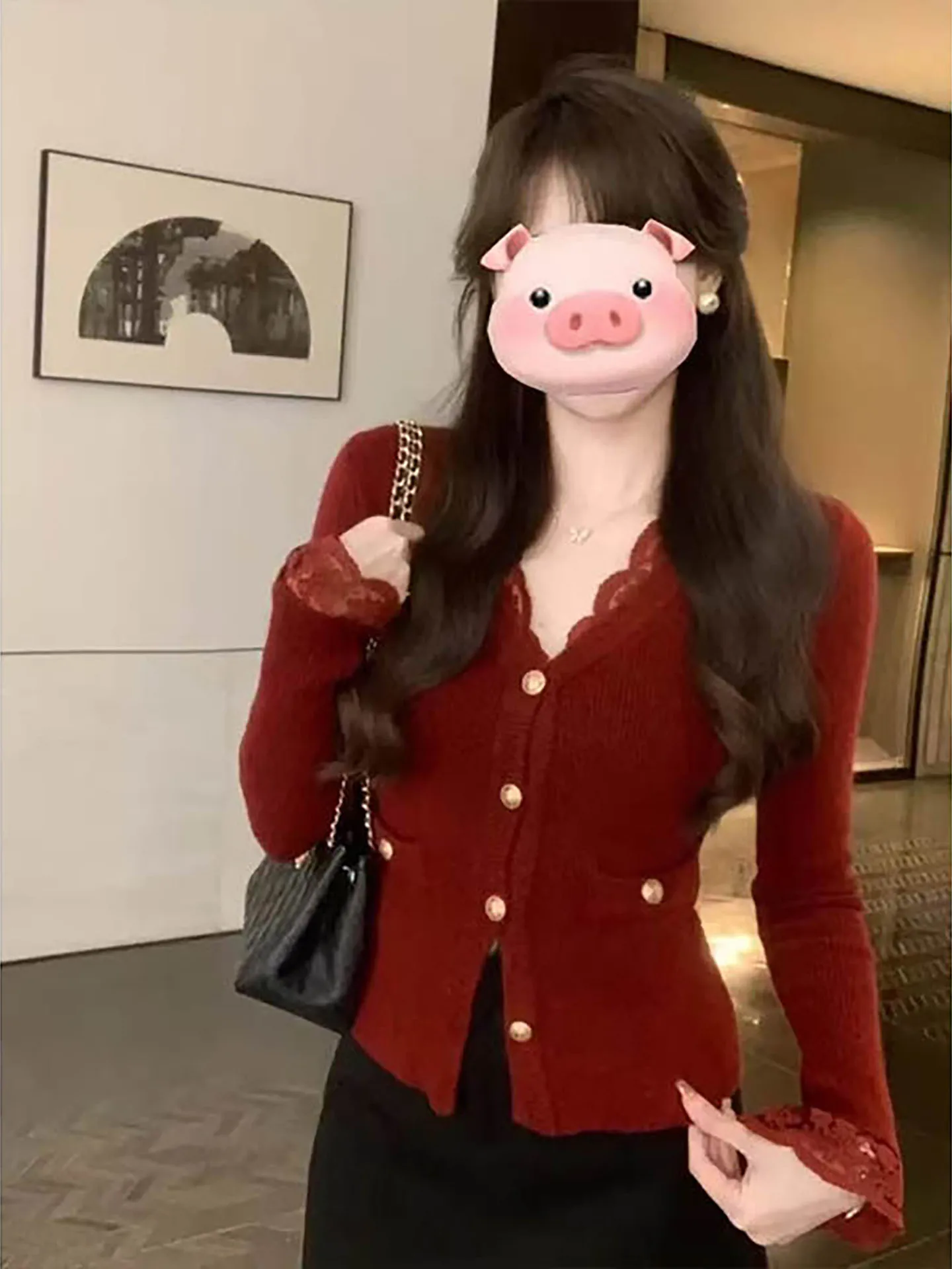 

Red V-Ne Lace Splice Knitted Sweater Cardigan Women's Early Spring Slim Fit Inner Wear Knitted Base irt Top