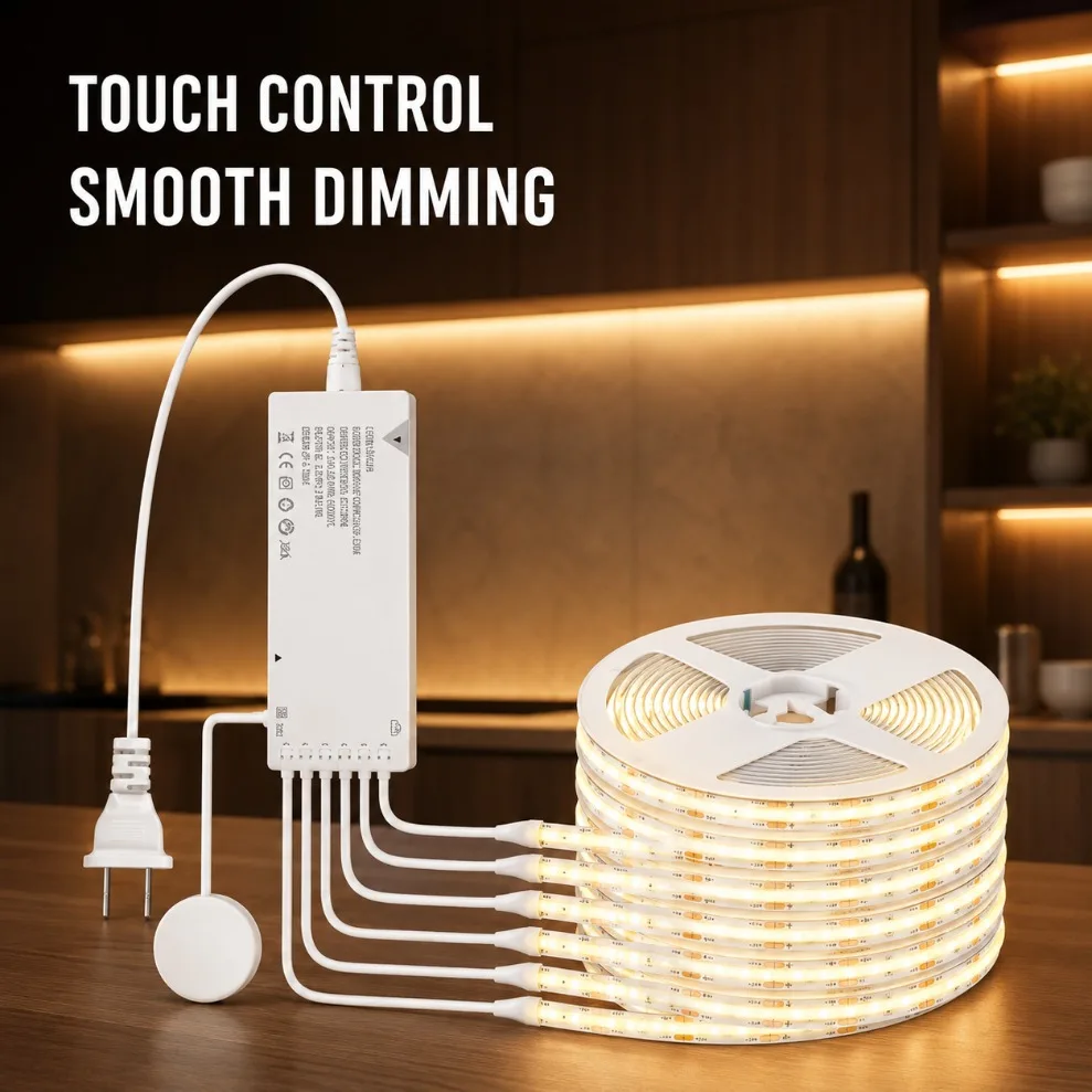 DC12V Sync Control COB LED Strip 320LEDs with Touch Sensor and Power Supply for Kitchen Pantry Showcase Bedroom Closet Backlight