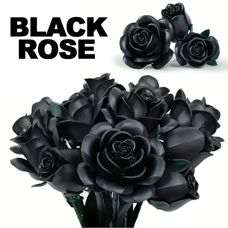 

Black Roses Bouquet Building Block Set Flowers Botanical Collection Gothic Home Decoration Brick Toy for Adult Mother's Day Gift