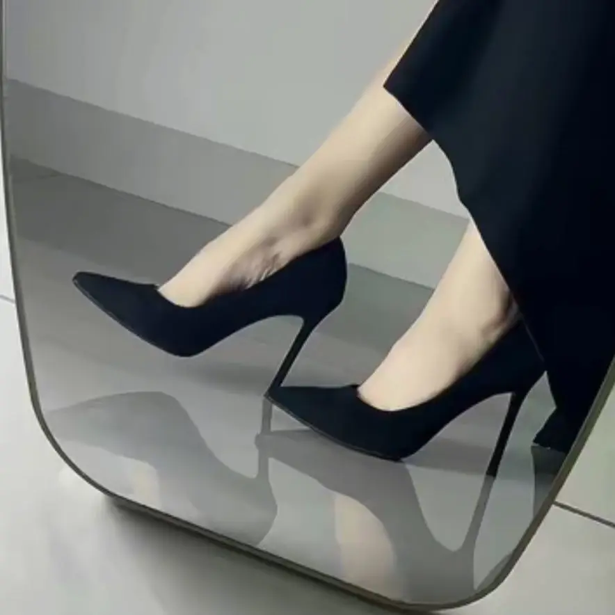 

Trendy Pointed Toe High Heels Women's Thin Heel Versatile Ceremony Shoes Black Slip-On Fashionable Single Shoes Spring Season