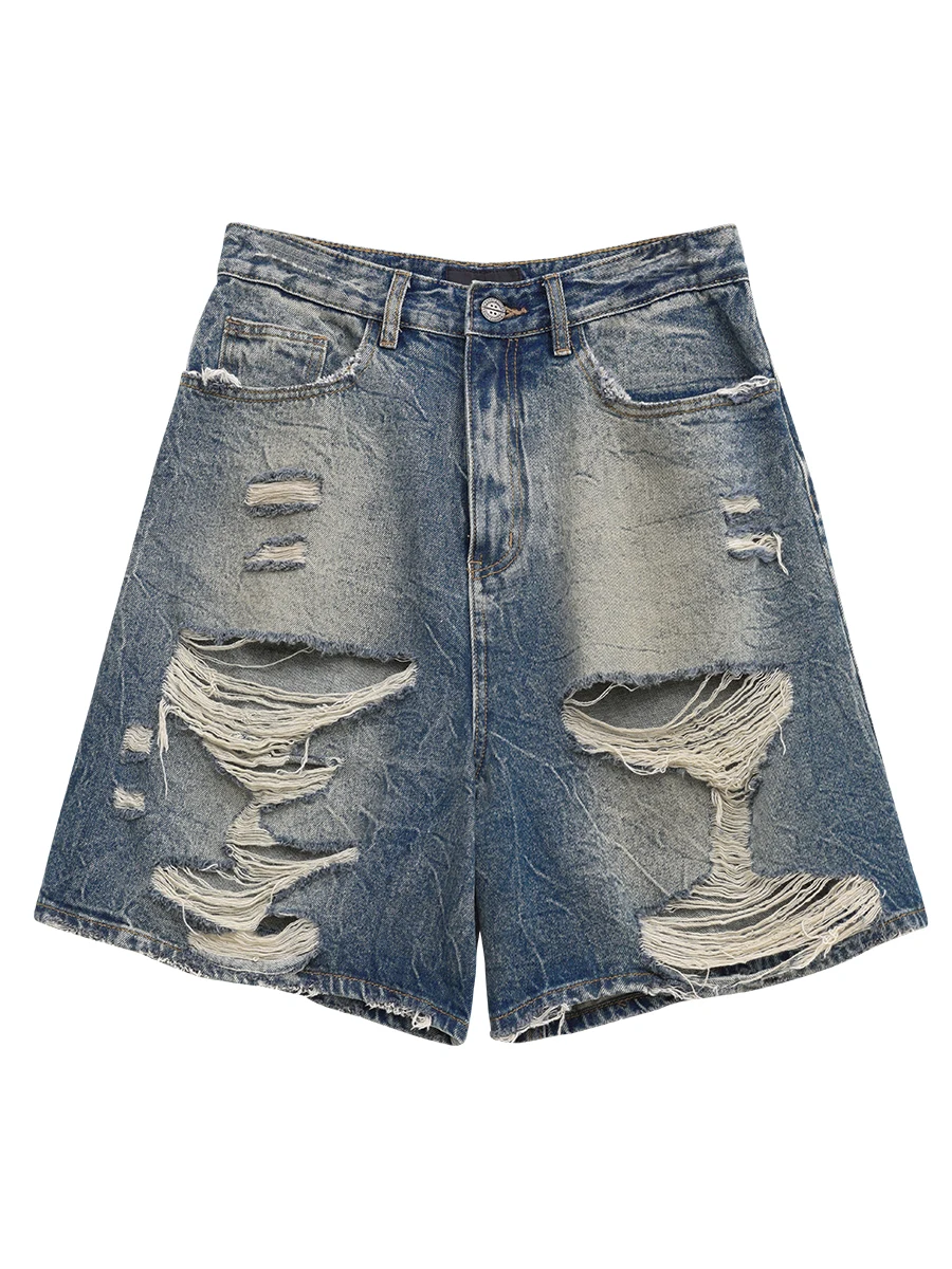 CHIC VEN Women Shorts Loose Blue Distressed Burr Edge Denim Shorts Wide Leg Short Jeans Female Pants Summer 2024