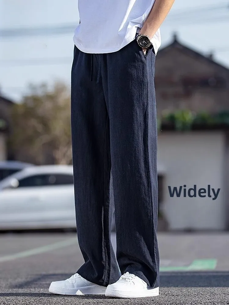 

Льняные повседневные брюки для мужчин, драпированные широкие брюки, летние свободные прямые льняные брюки, удобные, дышащие
