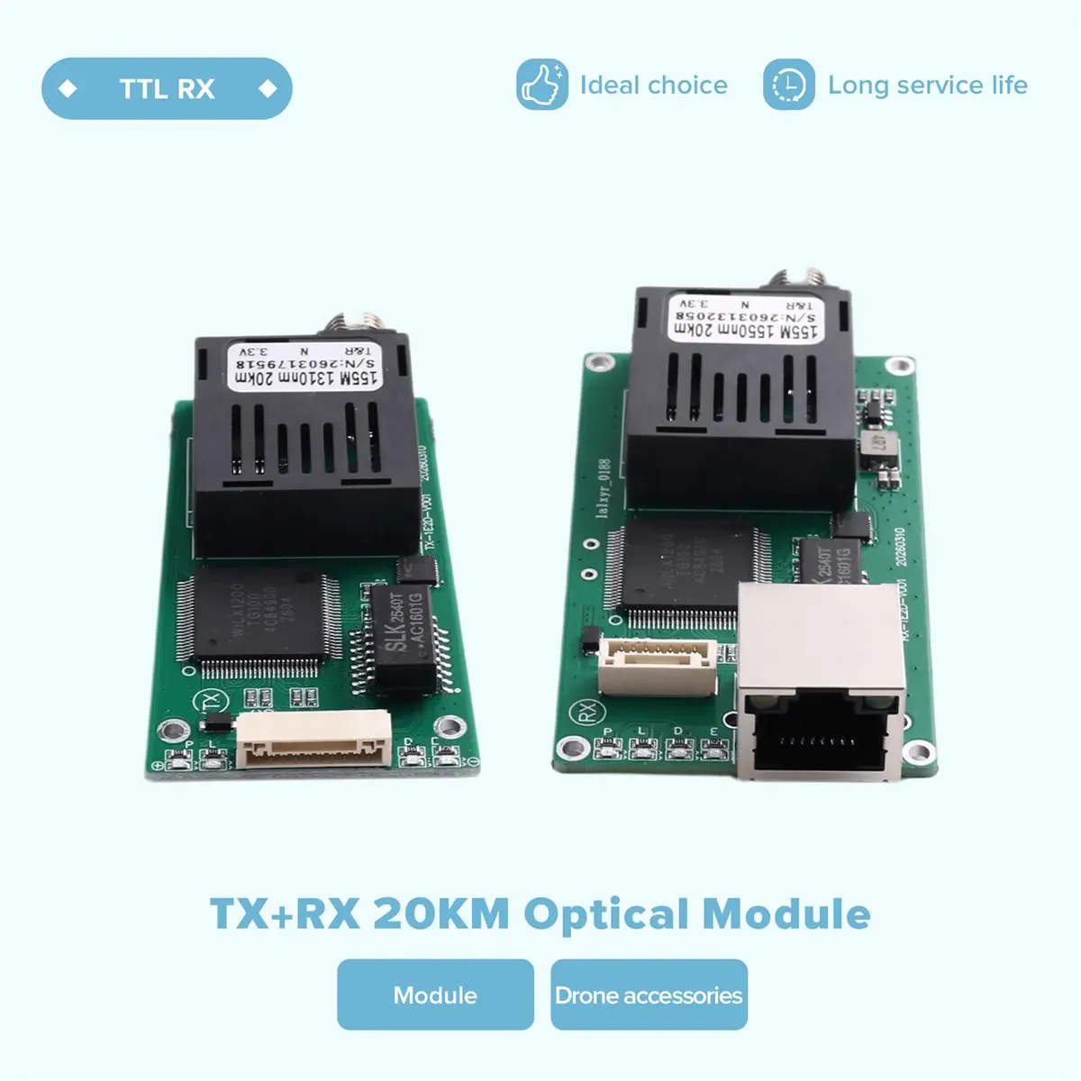 TX+RX 2CH 20KM TTL Optical Transceiver Module Kits DC 5.5-26V Optical Terminal Module TX 1310 RX 1550nm